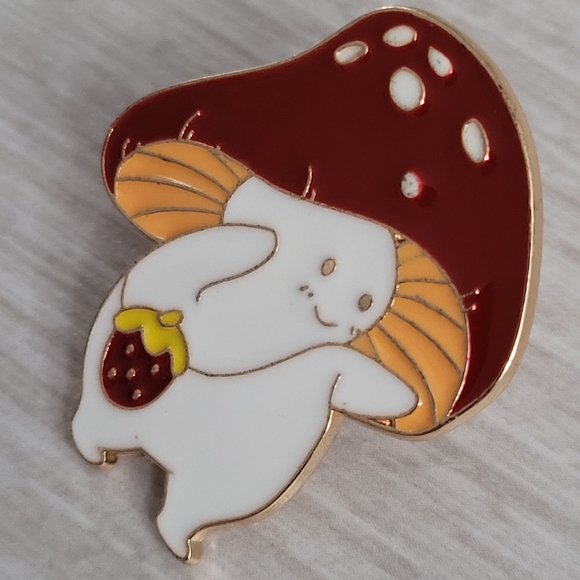 Adorable Smiling Mushroom Wearing A Strawberry Purse Enamel Pin - Picture 3 of 10